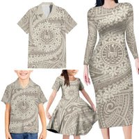 Tahitian Tiare Flower Family Matching Long Sleeve Bodycon Dress and Hawaiian Shirt Beige Polynesian Pattern LT9 - Polynesian Pride