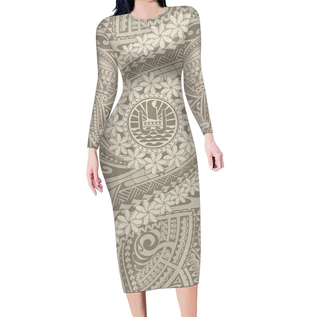 Tahitian Tiare Flower Family Matching Long Sleeve Bodycon Dress and Hawaiian Shirt Beige Polynesian Pattern LT9 Mom's Dress Beige - Polynesian Pride