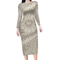 Tahitian Tiare Flower Family Matching Long Sleeve Bodycon Dress and Hawaiian Shirt Beige Polynesian Pattern LT9 Mom's Dress Beige - Polynesian Pride