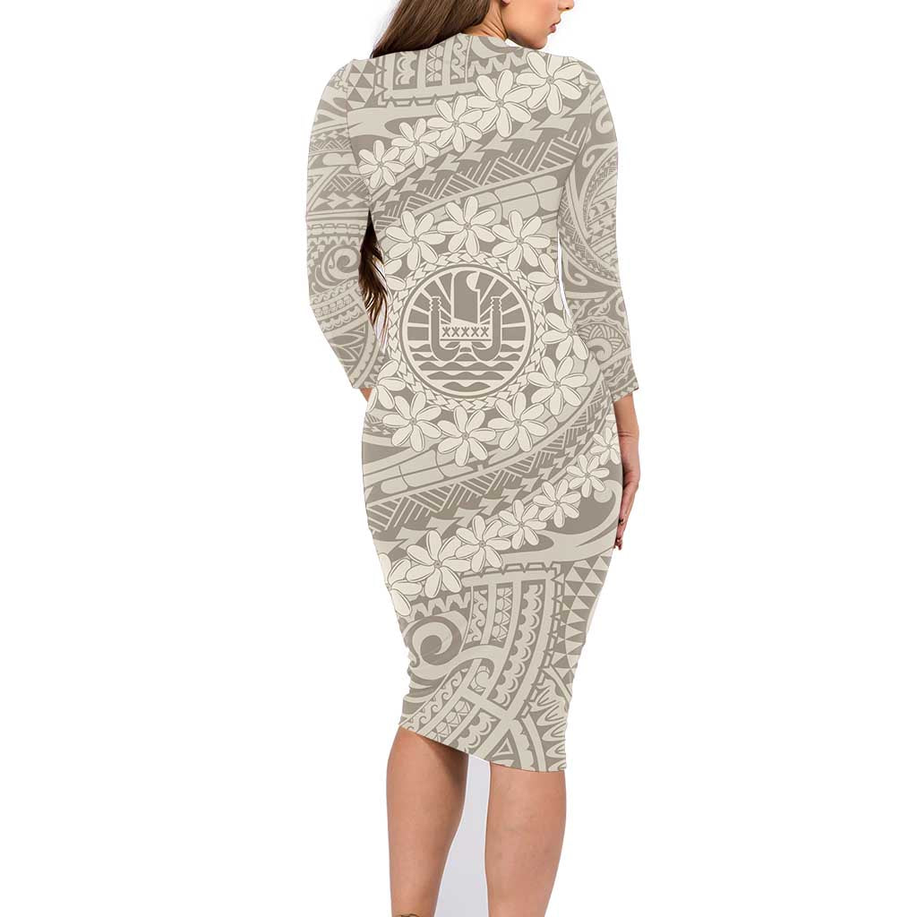 Tahitian Tiare Flower Family Matching Long Sleeve Bodycon Dress and Hawaiian Shirt Beige Polynesian Pattern LT9 - Polynesian Pride