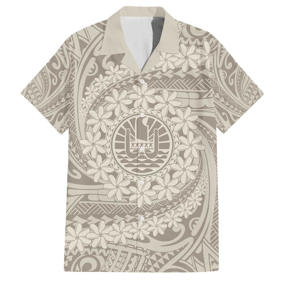 Tahitian Tiare Flower Family Matching Off Shoulder Short Dress and Hawaiian Shirt Beige Polynesian Pattern