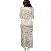 Tahitian Tiare Flower Family Matching Puletasi and Hawaiian Shirt Beige Polynesian Pattern