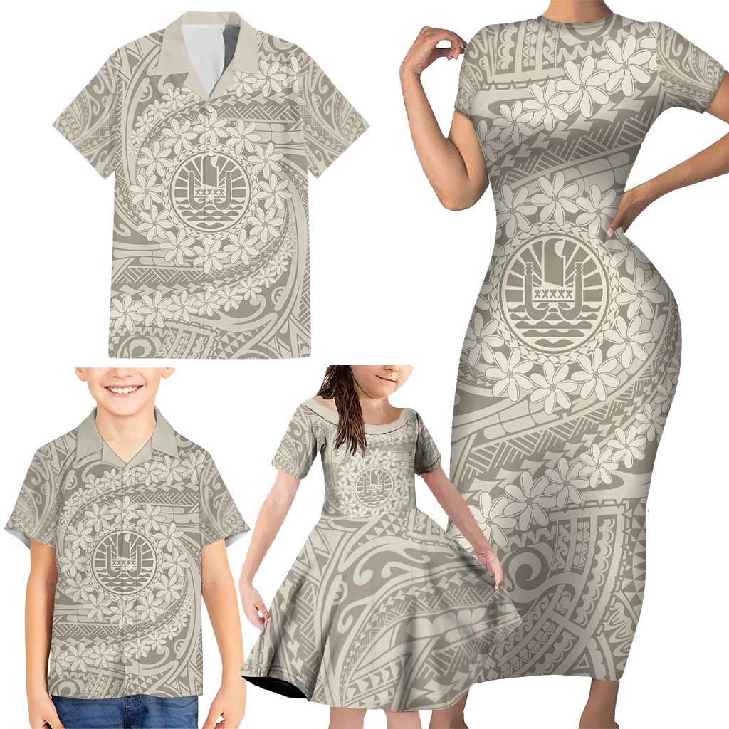 Tahitian Tiare Flower Family Matching Short Sleeve Bodycon Dress and Hawaiian Shirt Beige Polynesian Pattern LT9 - Polynesian Pride