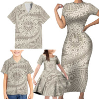 Tahitian Tiare Flower Family Matching Short Sleeve Bodycon Dress and Hawaiian Shirt Beige Polynesian Pattern LT9 - Polynesian Pride