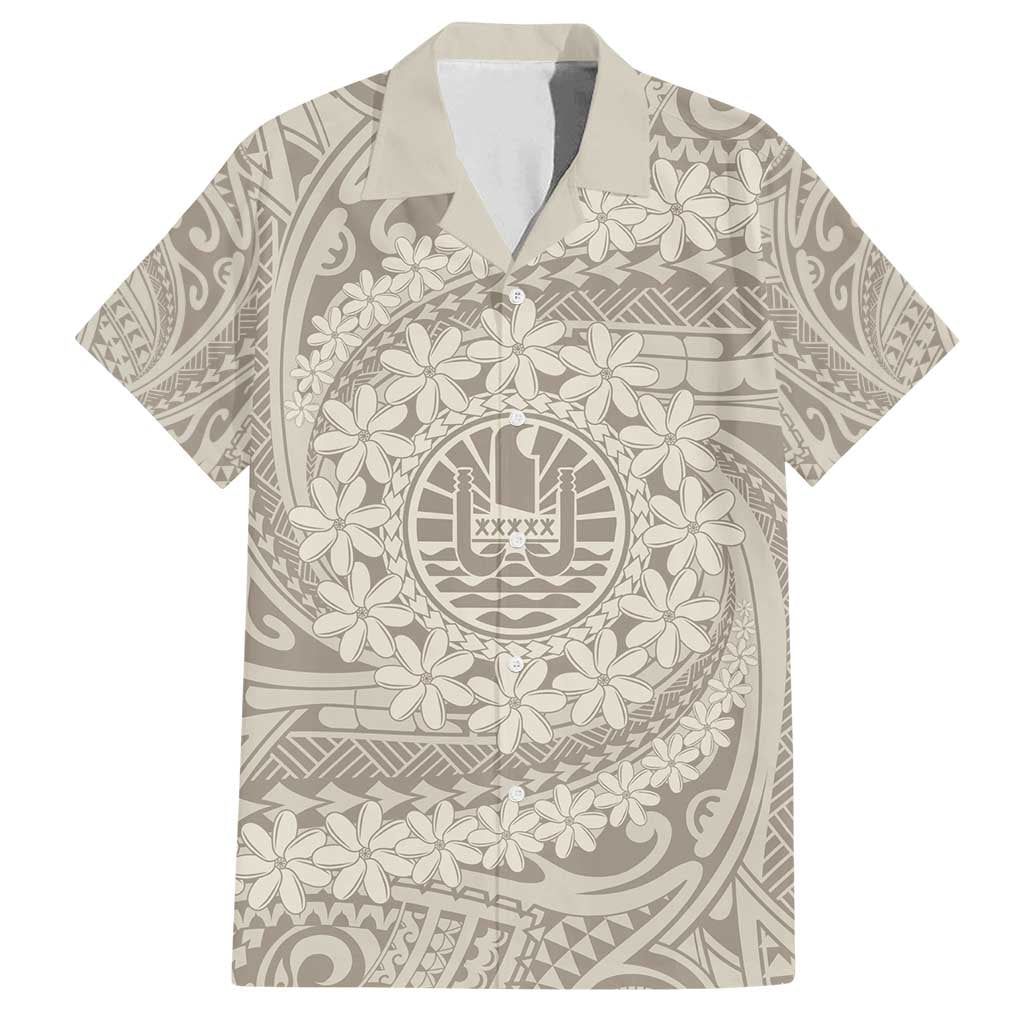 Tahitian Tiare Flower Family Matching Summer Maxi Dress and Hawaiian Shirt Beige Polynesian Pattern