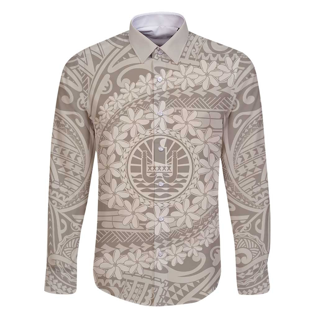 Tahitian Tiare Flower Family Matching Tank Maxi Dress and Hawaiian Shirt Beige Polynesian Pattern