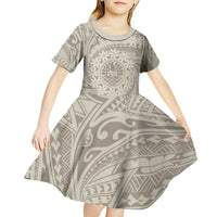 Tahitian Tiare Flower Kid Short Sleeve Dress Beige Polynesian Pattern
