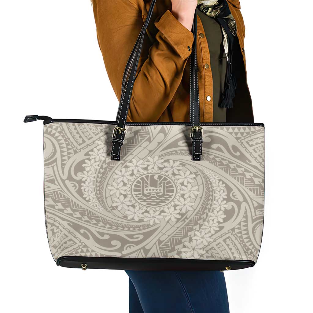 Tahitian Tiare Flower Leather Tote Bag Beige Polynesian Pattern