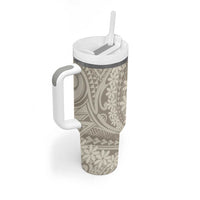 Tahitian Tiare Flower Tumbler With Handle Beige Polynesian Pattern