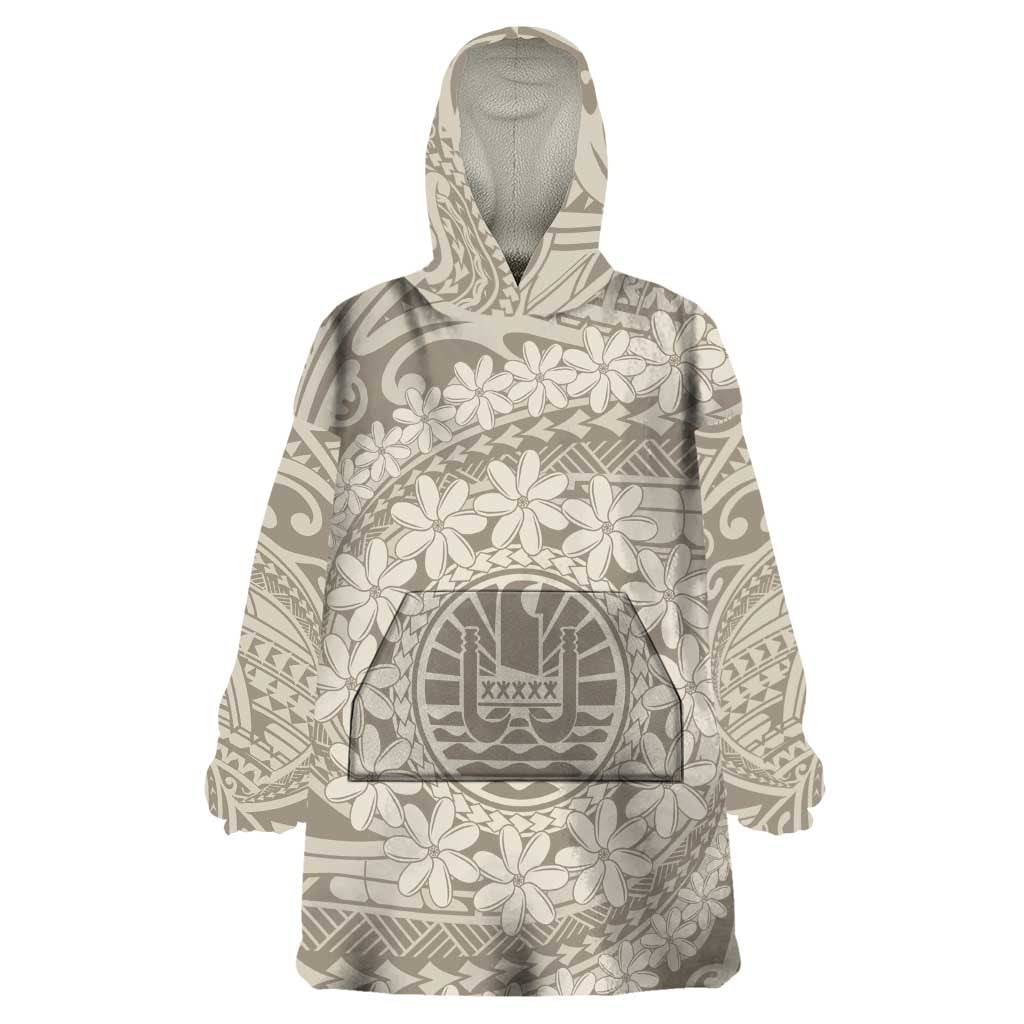 Tahitian Tiare Flower Wearable Blanket Hoodie Beige Polynesian Pattern