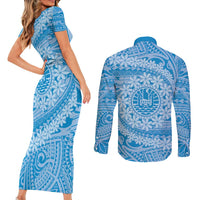 Tahitian Tiare Flower Couples Matching Short Sleeve Bodycon Dress and Long Sleeve Button Shirt Blue Polynesian Pattern
