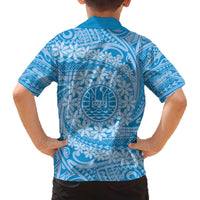 Tahitian Tiare Flower Family Matching Off The Shoulder Long Sleeve Dress and Hawaiian Shirt Blue Polynesian Pattern LT9 - Polynesian Pride