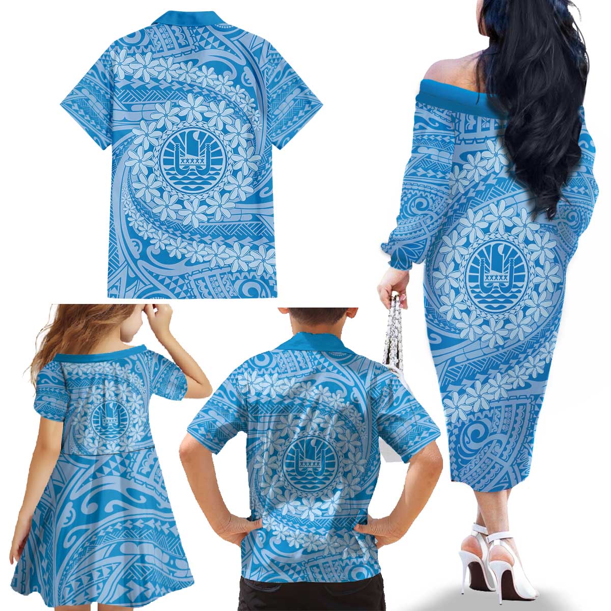 Tahitian Tiare Flower Family Matching Off The Shoulder Long Sleeve Dress and Hawaiian Shirt Blue Polynesian Pattern LT9 - Polynesian Pride