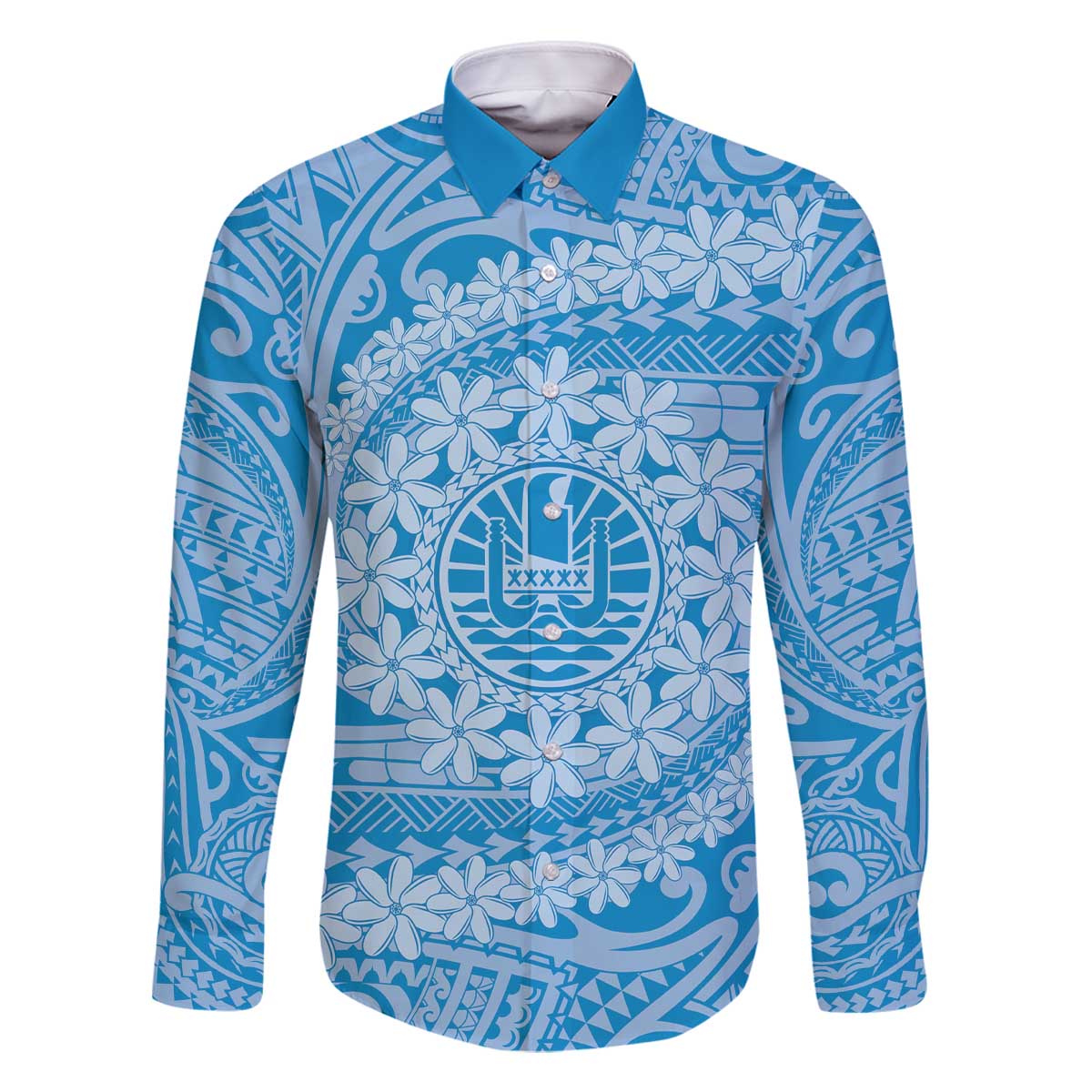 Tahitian Tiare Flower Family Matching Off The Shoulder Long Sleeve Dress and Hawaiian Shirt Blue Polynesian Pattern LT9 Dad's Shirt - Long Sleeve Blue - Polynesian Pride