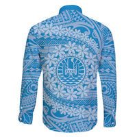 Tahitian Tiare Flower Family Matching Off The Shoulder Long Sleeve Dress and Hawaiian Shirt Blue Polynesian Pattern LT9 - Polynesian Pride