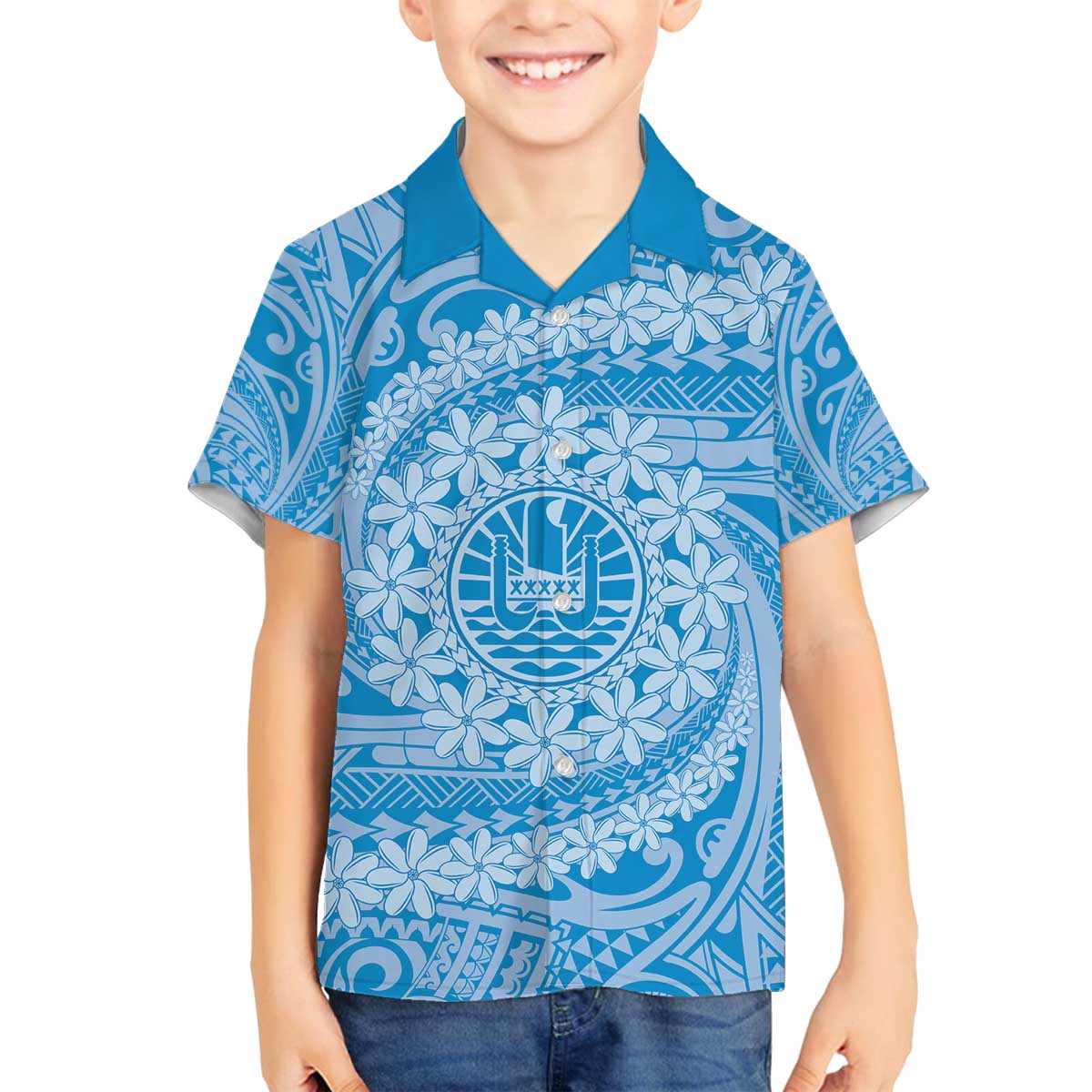 Tahitian Tiare Flower Family Matching Off The Shoulder Long Sleeve Dress and Hawaiian Shirt Blue Polynesian Pattern LT9 Son's Shirt Blue - Polynesian Pride