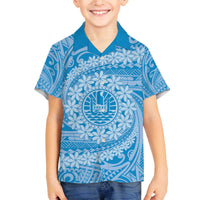 Tahitian Tiare Flower Family Matching Off The Shoulder Long Sleeve Dress and Hawaiian Shirt Blue Polynesian Pattern LT9 Son's Shirt Blue - Polynesian Pride