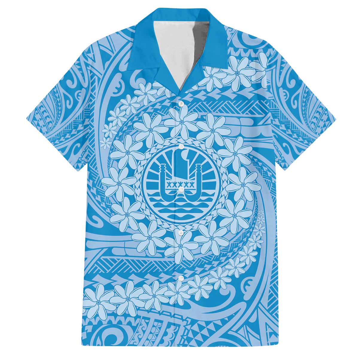Tahitian Tiare Flower Family Matching Off Shoulder Short Dress and Hawaiian Shirt Blue Polynesian Pattern
