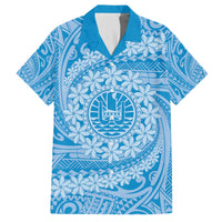 Tahitian Tiare Flower Family Matching Off Shoulder Short Dress and Hawaiian Shirt Blue Polynesian Pattern