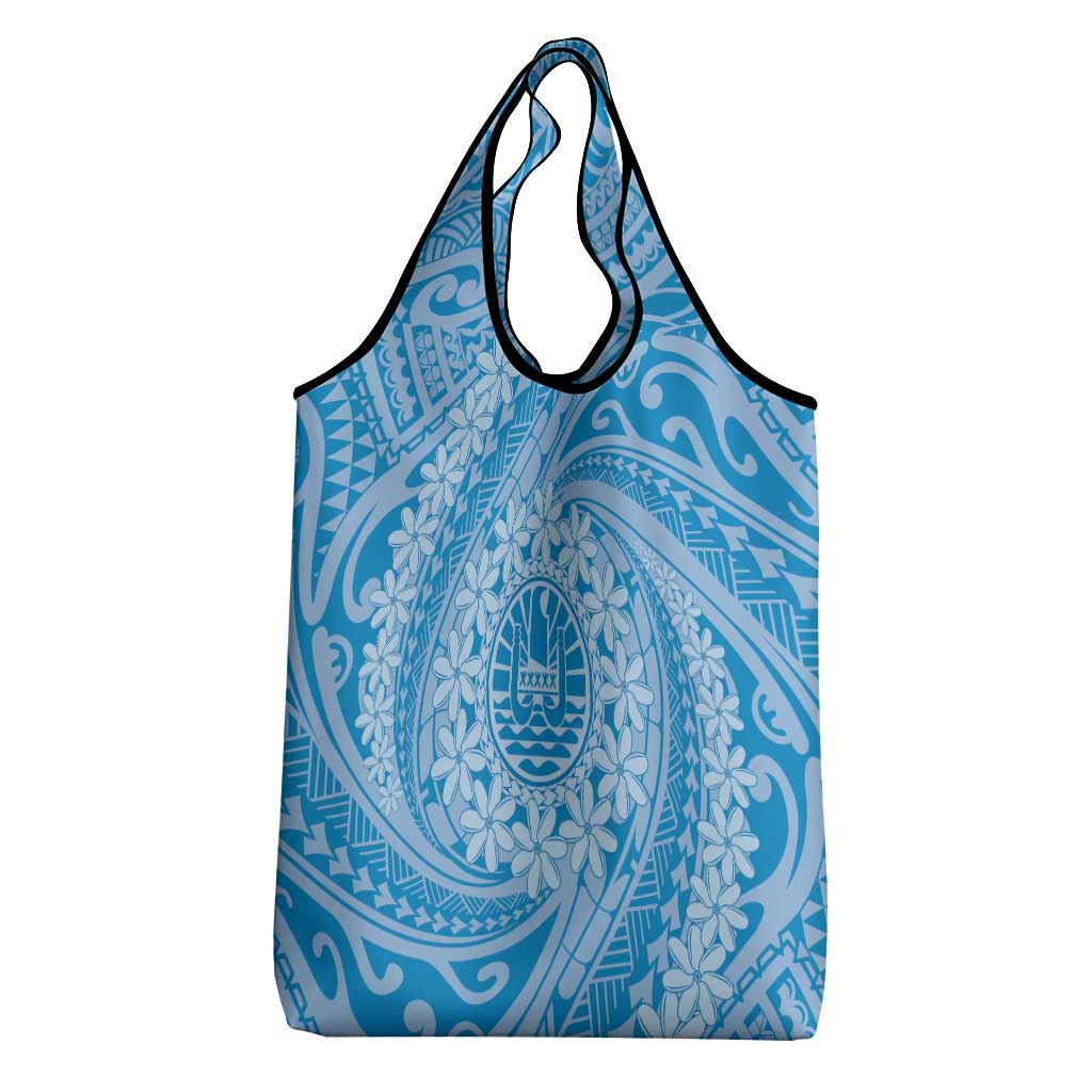 Tahitian Tiare Flower Grocery Bag Blue Polynesian Pattern