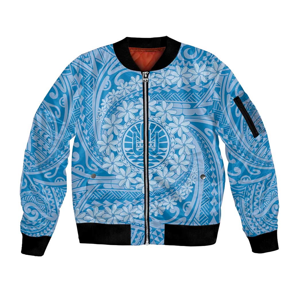 Tahitian Tiare Flower Sleeve Zip Bomber Jacket Blue Polynesian Pattern