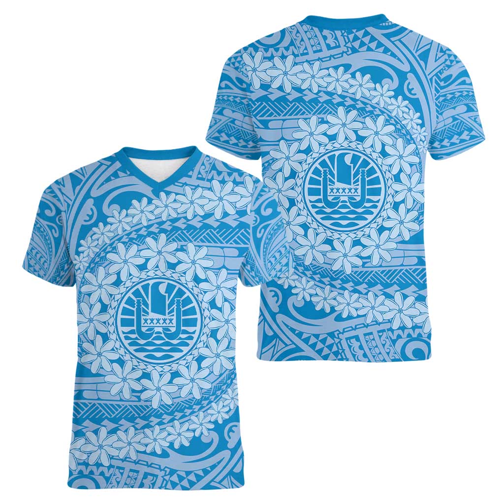 Tahitian Tiare Flower Women V-Neck T-Shirt Blue Polynesian Pattern
