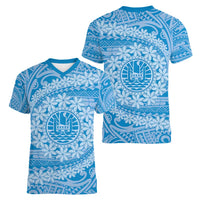 Tahitian Tiare Flower Women V-Neck T-Shirt Blue Polynesian Pattern