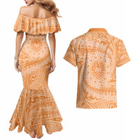 Tahitian Tiare Flower Couples Matching Mermaid Dress and Hawaiian Shirt Gold Polynesian Pattern