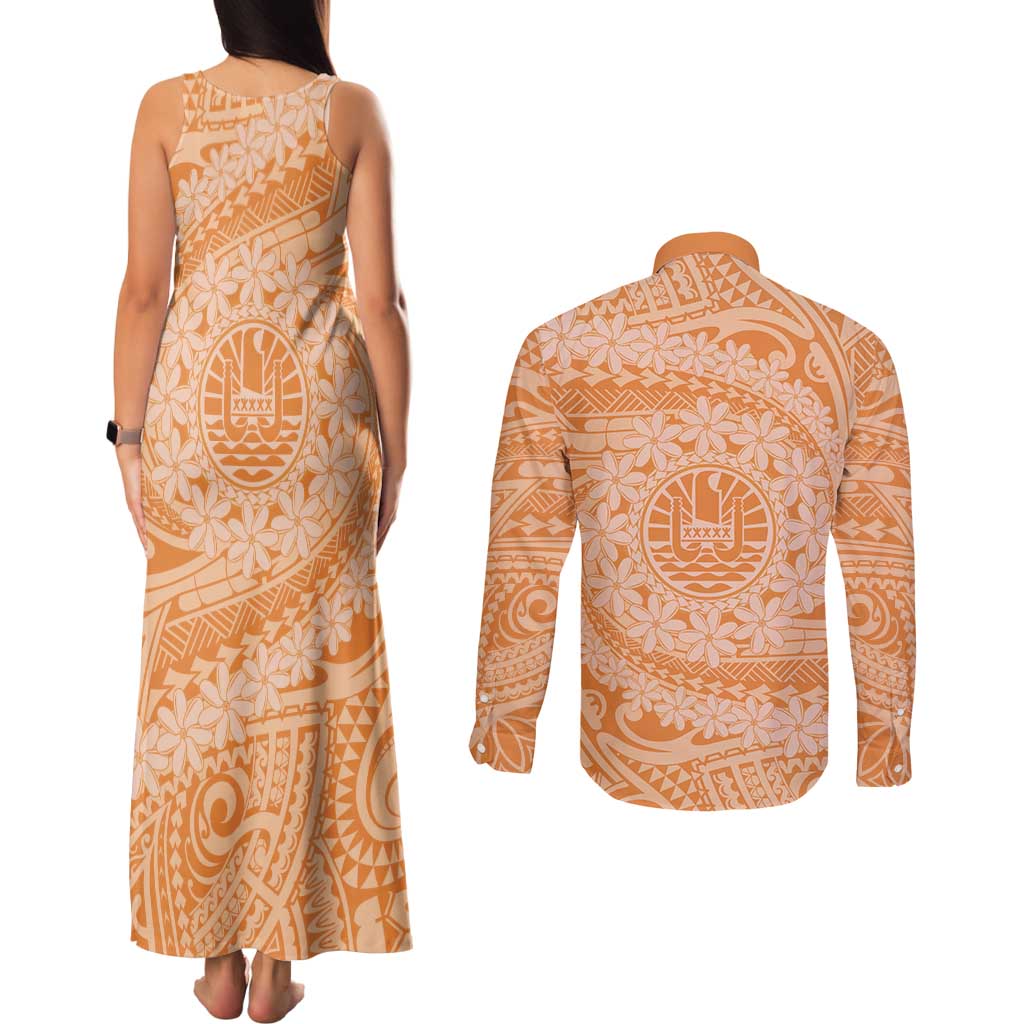 Tahitian Tiare Flower Couples Matching Tank Maxi Dress and Long Sleeve Button Shirt Gold Polynesian Pattern LT9 - Polynesian Pride