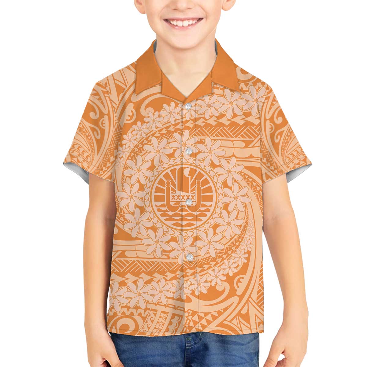 Tahitian Tiare Flower Family Matching Puletasi and Hawaiian Shirt Gold Polynesian Pattern
