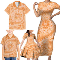 Tahitian Tiare Flower Family Matching Short Sleeve Bodycon Dress and Hawaiian Shirt Gold Polynesian Pattern LT9 - Polynesian Pride