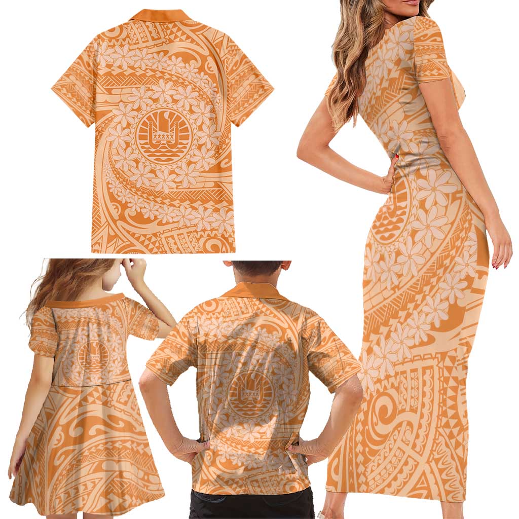 Tahitian Tiare Flower Family Matching Short Sleeve Bodycon Dress and Hawaiian Shirt Gold Polynesian Pattern LT9 - Polynesian Pride