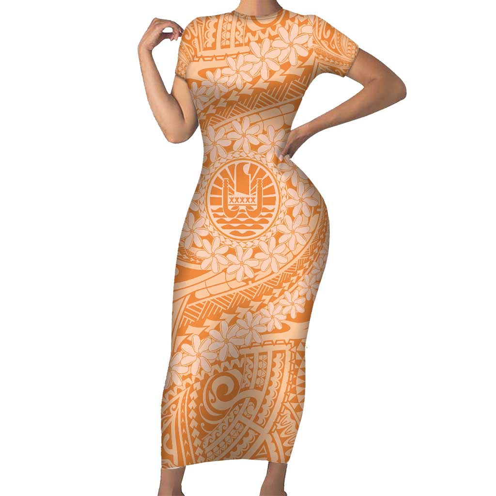 Tahitian Tiare Flower Short Sleeve Bodycon Dress Gold Polynesian Pattern