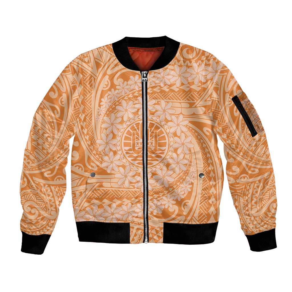 Tahitian Tiare Flower Sleeve Zip Bomber Jacket Gold Polynesian Pattern