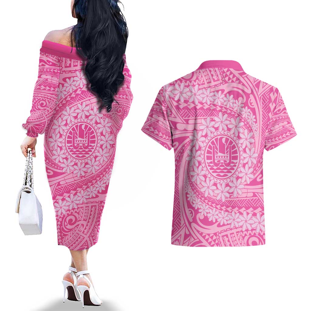 Tahitian Tiare Flower Couples Matching Off The Shoulder Long Sleeve Dress and Hawaiian Shirt Pink Polynesian Pattern