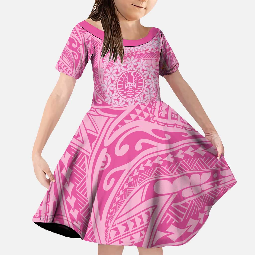 Tahitian Tiare Flower Family Matching Long Sleeve Bodycon Dress and Hawaiian Shirt Pink Polynesian Pattern LT9 Daughter's Dress Pink - Polynesian Pride