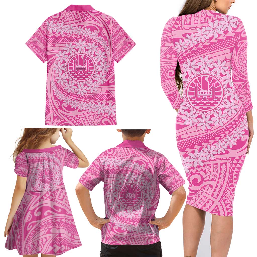 Tahitian Tiare Flower Family Matching Long Sleeve Bodycon Dress and Hawaiian Shirt Pink Polynesian Pattern LT9 - Polynesian Pride