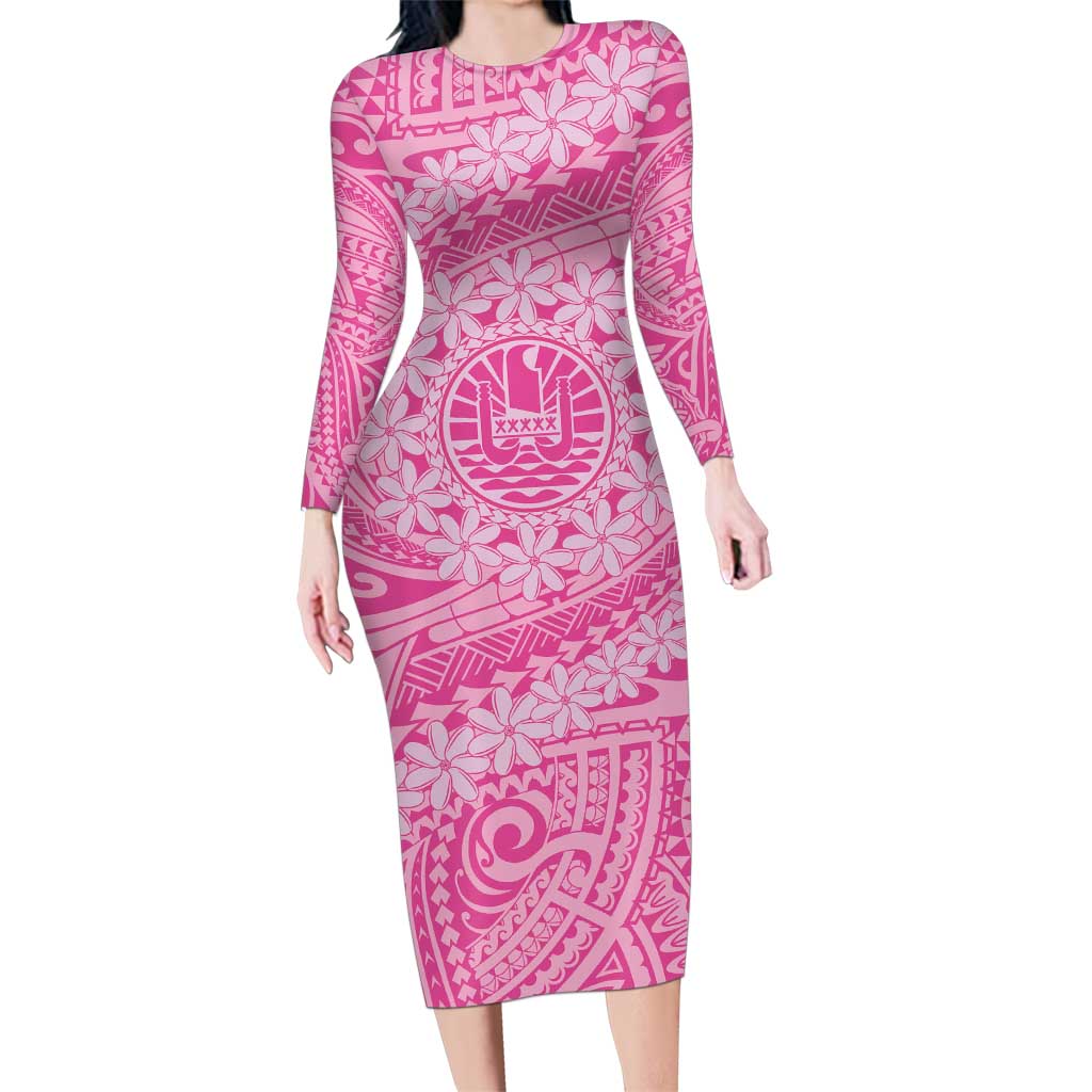 Tahitian Tiare Flower Family Matching Long Sleeve Bodycon Dress and Hawaiian Shirt Pink Polynesian Pattern LT9 Mom's Dress Pink - Polynesian Pride