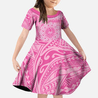 Tahitian Tiare Flower Family Matching Short Sleeve Bodycon Dress and Hawaiian Shirt Pink Polynesian Pattern LT9 Daughter's Dress Pink - Polynesian Pride