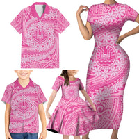 Tahitian Tiare Flower Family Matching Short Sleeve Bodycon Dress and Hawaiian Shirt Pink Polynesian Pattern LT9 - Polynesian Pride