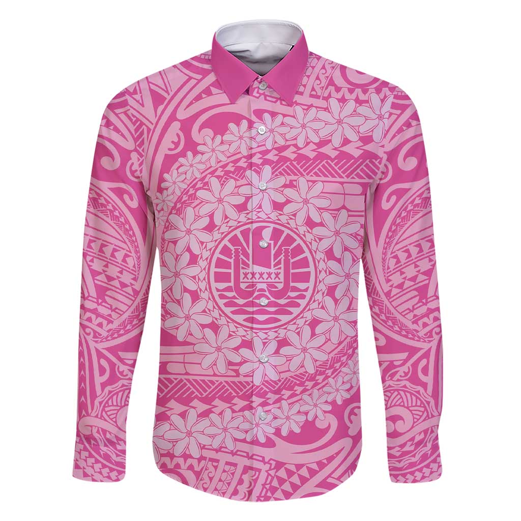 Tahitian Tiare Flower Family Matching Short Sleeve Bodycon Dress and Hawaiian Shirt Pink Polynesian Pattern LT9 Dad's Shirt - Long Sleeve Pink - Polynesian Pride