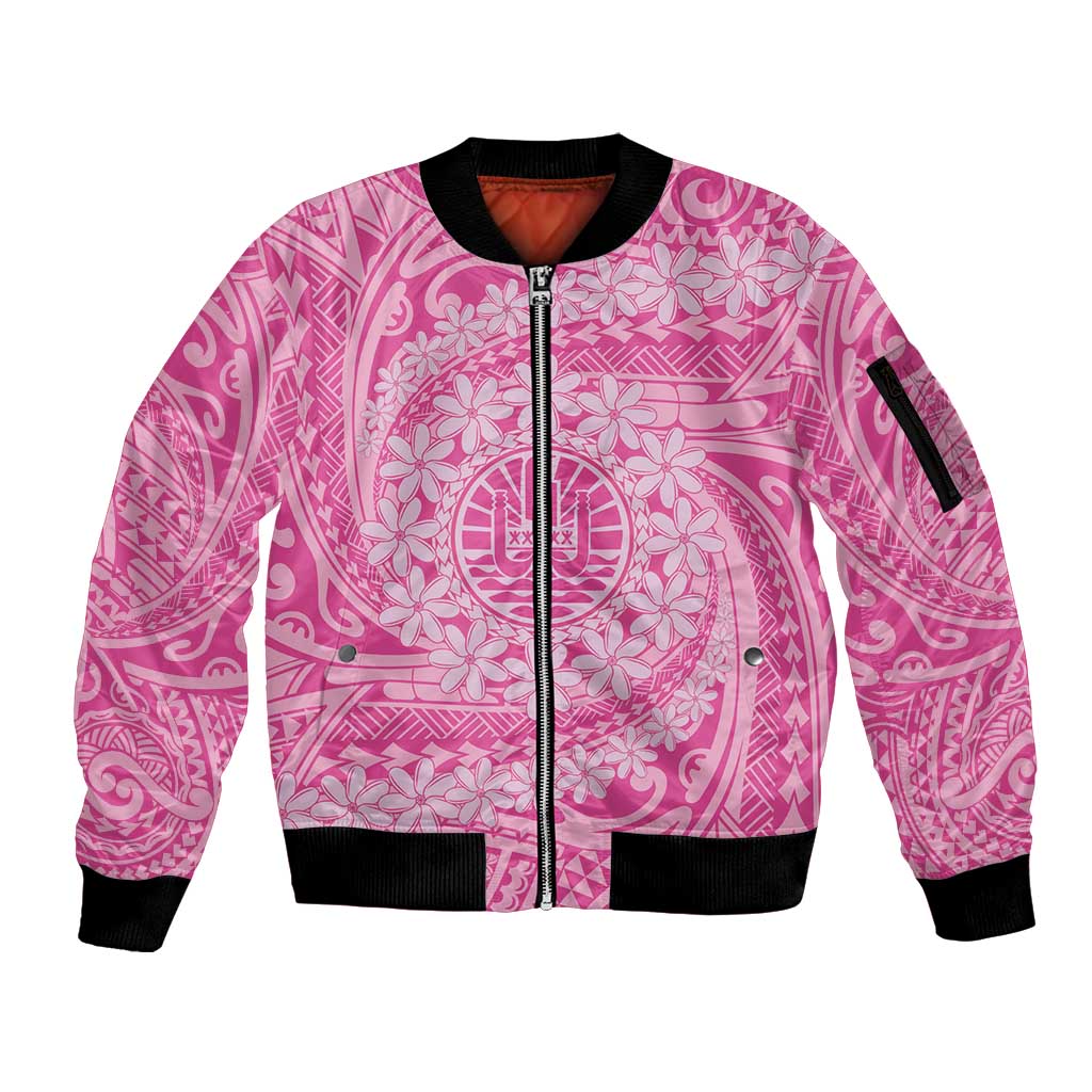 Tahitian Tiare Flower Sleeve Zip Bomber Jacket Pink Polynesian Pattern