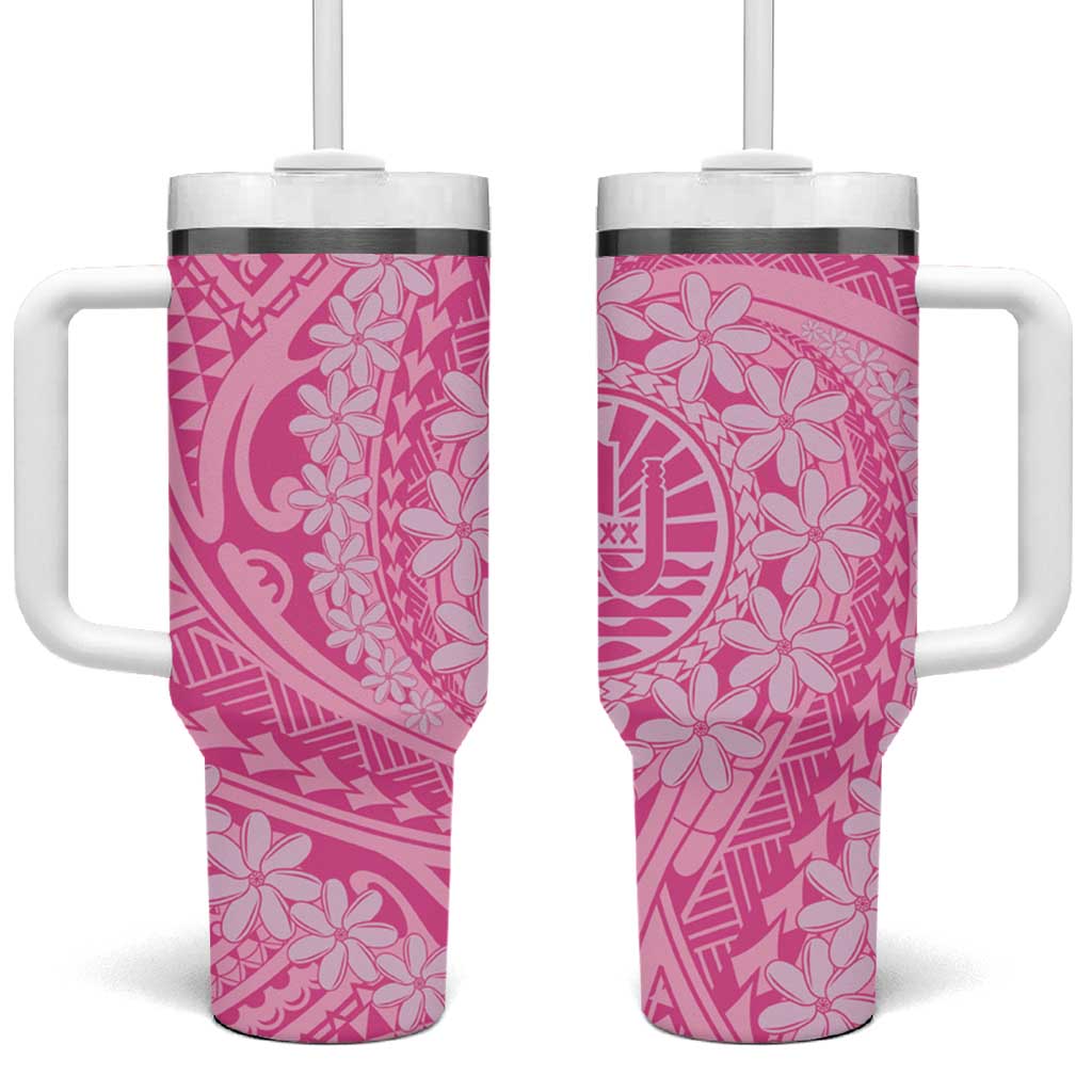 Tahitian Tiare Flower Tumbler With Handle Pink Polynesian Pattern