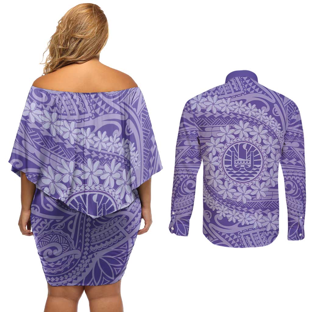 Tahitian Tiare Flower Couples Matching Off Shoulder Short Dress and Long Sleeve Button Shirt Violet Polynesian Pattern