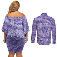 Tahitian Tiare Flower Couples Matching Off Shoulder Short Dress and Long Sleeve Button Shirt Violet Polynesian Pattern