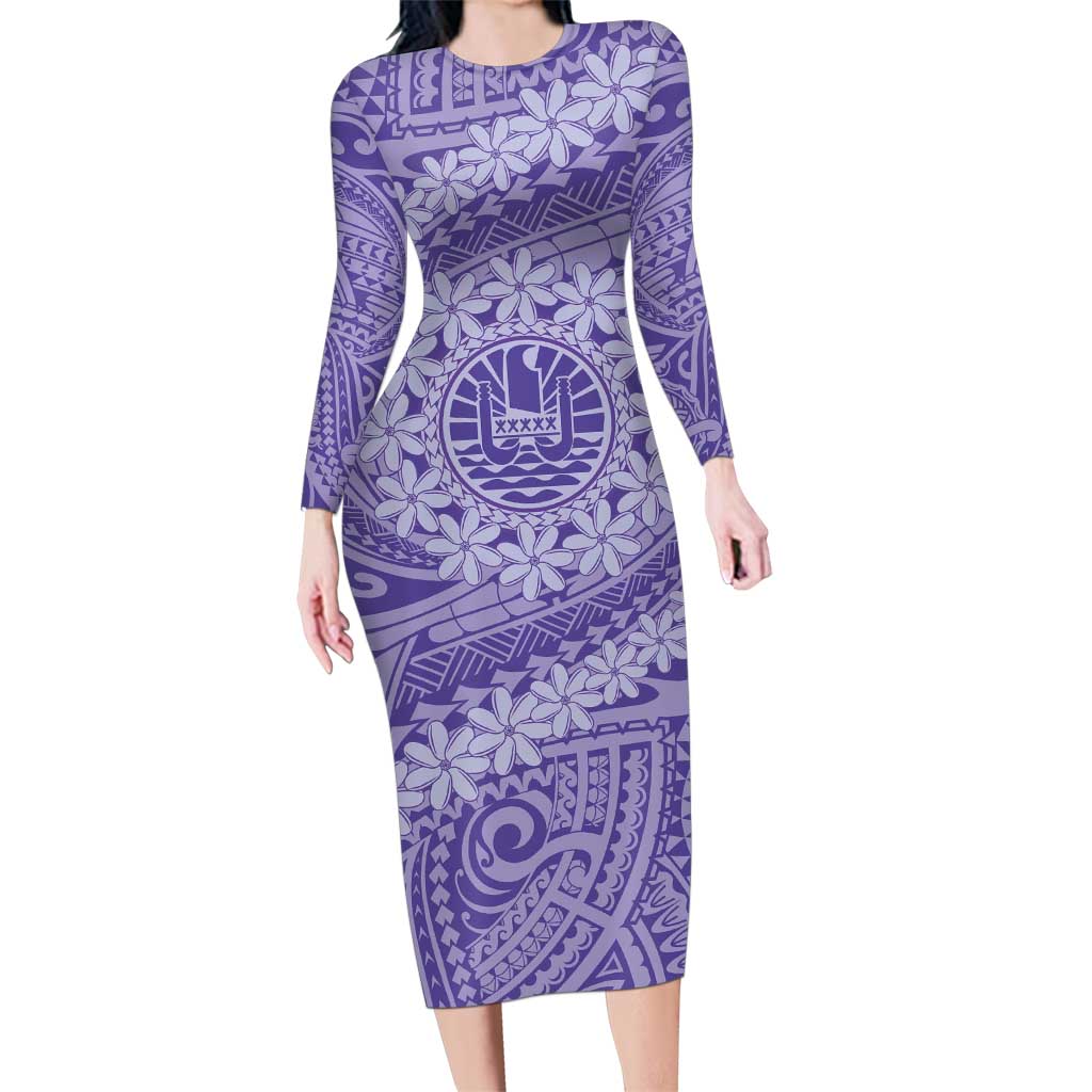 Tahitian Tiare Flower Family Matching Long Sleeve Bodycon Dress and Hawaiian Shirt Violet Polynesian Pattern LT9 Mom's Dress Violet - Polynesian Pride