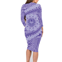 Tahitian Tiare Flower Family Matching Long Sleeve Bodycon Dress and Hawaiian Shirt Violet Polynesian Pattern LT9 - Polynesian Pride