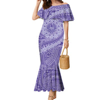 Tahitian Tiare Flower Family Matching Mermaid Dress and Hawaiian Shirt Violet Polynesian Pattern