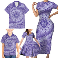 Tahitian Tiare Flower Family Matching Short Sleeve Bodycon Dress and Hawaiian Shirt Violet Polynesian Pattern LT9 - Polynesian Pride