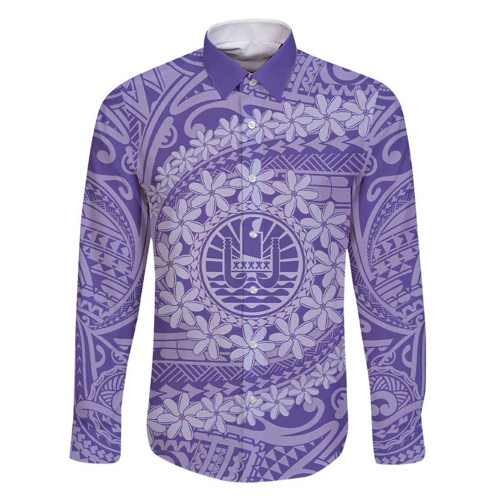 Tahitian Tiare Flower Family Matching Short Sleeve Bodycon Dress and Hawaiian Shirt Violet Polynesian Pattern LT9 Dad's Shirt - Long Sleeve Violet - Polynesian Pride